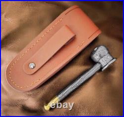 Premium Damascus Steel, Handmade, Compact Size -Tobacco Smoking Pipe with Sheath