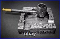 Premium Damascus Steel Handmade Pipe & Ashtray, Tobacco Smoking Pipe Ashtray Set