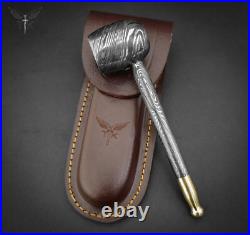 Premium Damascus Steel Handmade Smoking Pipe, Tobacco Pipe, Real Leather Sheath