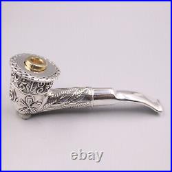 Pure S925 Sterling Silver Tobacco Pipe Men Carved Flower Leaf Pattern Pipe 88g