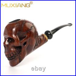 Rustic Skull Pipe Briar Wood Tobacco Pipe Carved Freehand Pipe Bent Ebonite Stem