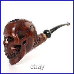 Rustic Skull Pipe Briar Wood Tobacco Pipe Carved Freehand Pipe Bent Ebonite Stem