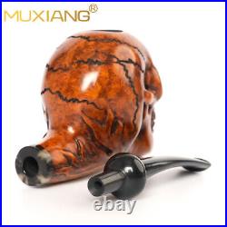 Rustic Skull Pipe Briar Wood Tobacco Pipe Carved Freehand Pipe Bent Ebonite Stem