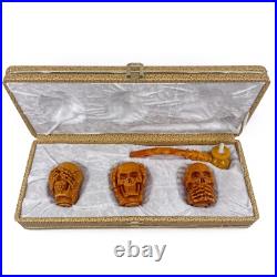 S. Yanik Meerschaum Pipe 3 Skulls Smoking Pipes, Handmade Skull Pipes, 3 Monkeys