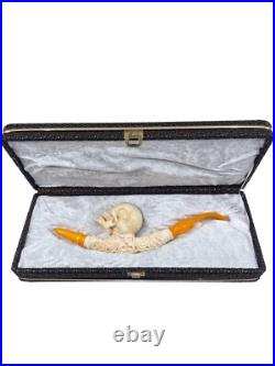 S. Yanik Meerschaum Pipe Churchwarden Skull Smoking Pipe, Handmade Tobacco Pipe