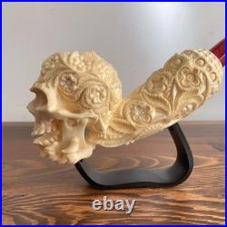 S. Yanik Meerschaum Pipe Floral Skull Smoking Pipe, Large Tobacco Pipe wih Case