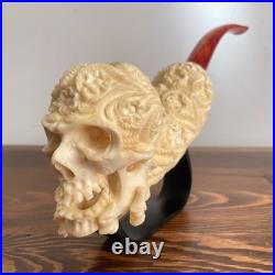 S. Yanik Meerschaum Pipe Floral Skull Smoking Pipe, Large Tobacco Pipe wih Case