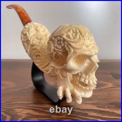 S. Yanik Meerschaum Pipe Floral Skull Smoking Pipe, Large Tobacco Pipe wih Case