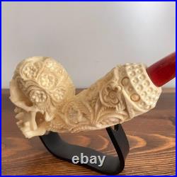 S. Yanik Meerschaum Pipe Floral Skull Smoking Pipe, Large Tobacco Pipe wih Case