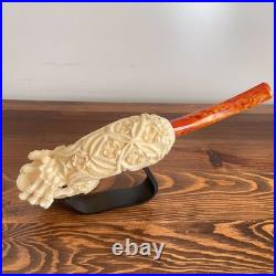 S. Yanik Meerschaum Pipe Floral Skull Smoking Pipe, Large Tobacco Pipe wih Case