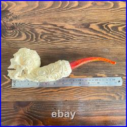 S. Yanik Meerschaum Pipe Floral Skull Smoking Pipe, Large Tobacco Pipe wih Case