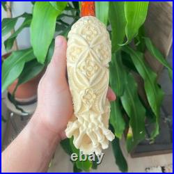 S. Yanik Meerschaum Pipe Floral Skull Smoking Pipe, Large Tobacco Pipe wih Case