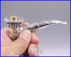 Silver Tobacco Pipe Men Carved Flower Leaf Pattern Pipe 88g