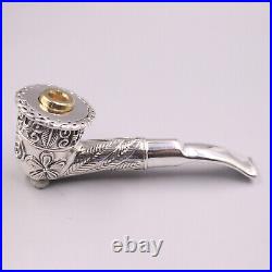 Silver Tobacco Pipe Men Carved Flower Leaf Pattern Pipe 88g