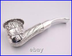 Silver Tobacco Pipe Men Carved Flower Leaf Pattern Pipe 88g