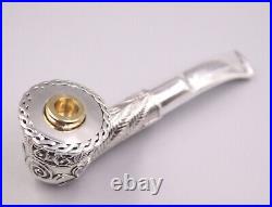 Silver Tobacco Pipe Men Carved Flower Leaf Pattern Pipe 88g