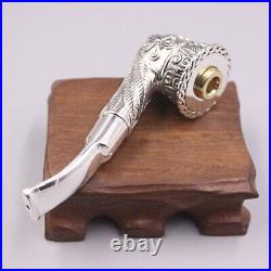 Silver Tobacco Pipe Men Carved Flower Leaf Pattern Pipe 88g