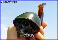 Soldier Skull with Steel Helmet Briar Wood Tobacco Pipe M-014 by Oguz Simsek
