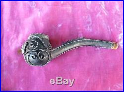 Very Unusual Antique Metal Clad Smoking Pipe With Lions Head