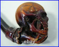 Vintage MEERSCHAUM SKULL Tobacco Smoking Pipe with Red Velvet Lined Fitted Case