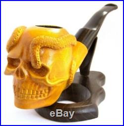 Wooden Hand Carved Tobacco smoking Pipe Skull with Snake Jolly Roger Pirate