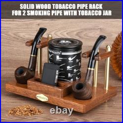 Wooden Tobacco Pipe Stand, For 2 Smoking Pipes Rack Holder, Include Tobacco Jar